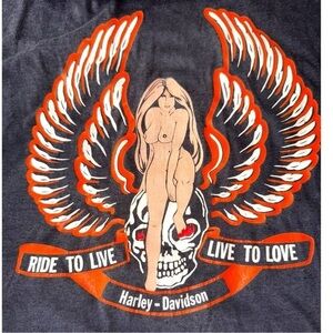 🔥 HARLEY- DAVIDSON 🔥 Vintage Nude Women Skull 70’s 80’s T-Shirt Hanes  L42- 44
